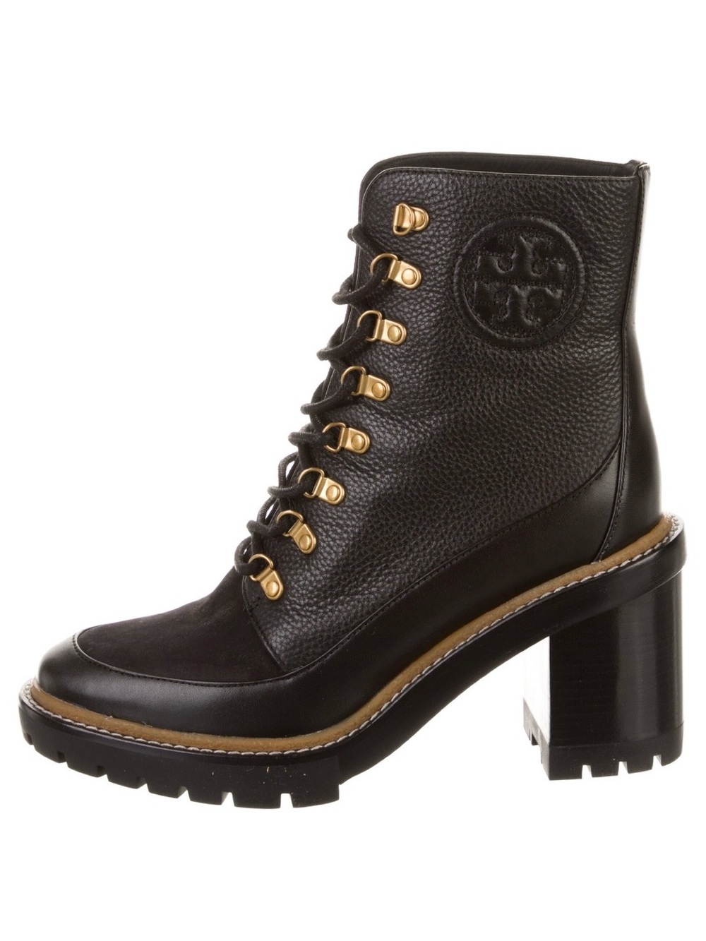 Tory Burch Black Leather Lace-Up Lug Heel Ankle Boot with Gold Hardware